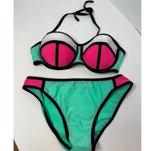 Colorblock Neoprene Style Bikini Set Mint Pink Black Piping PushUp Halter S NWOT
